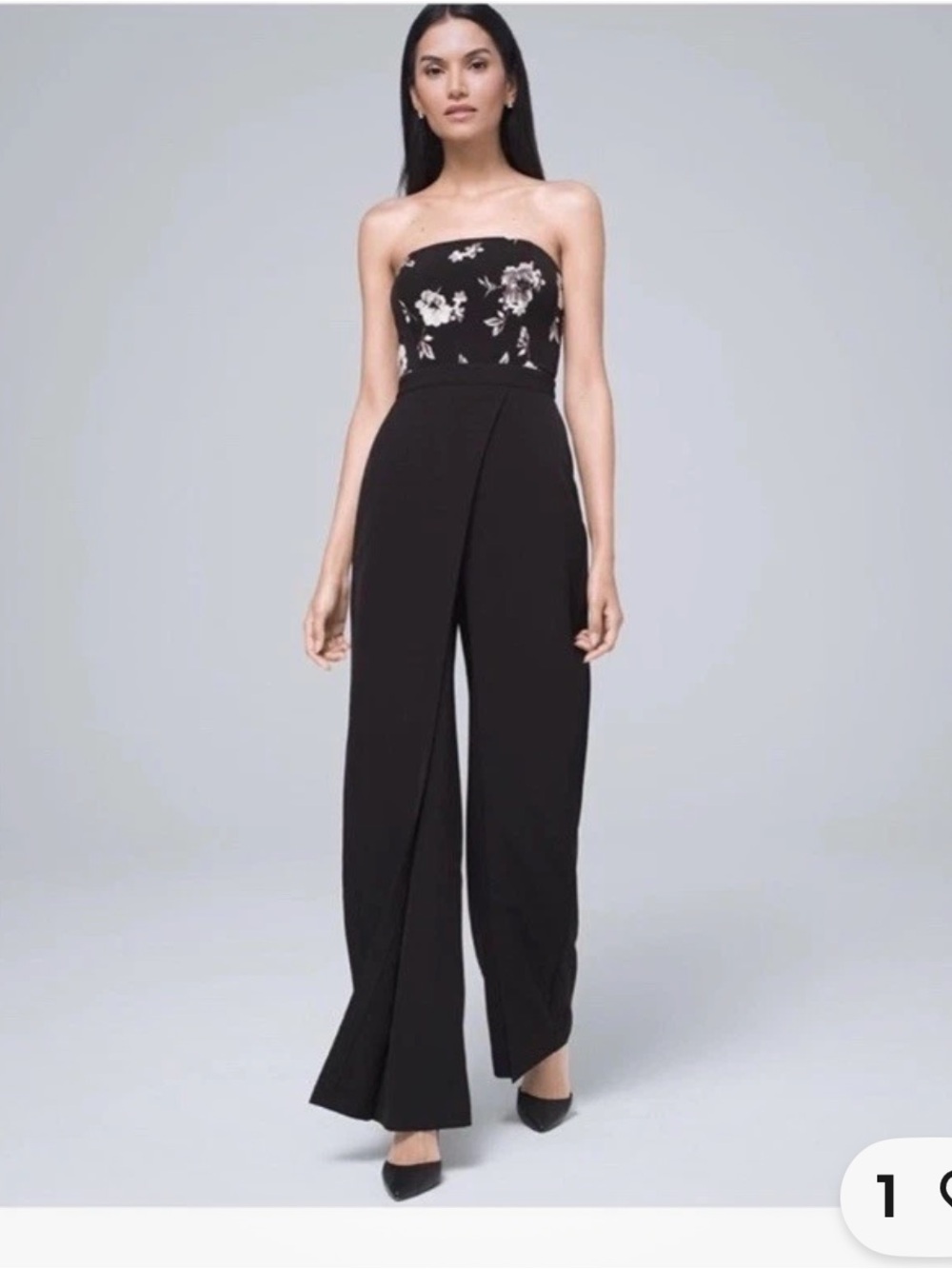 White House Black Market Black Strapless Floral Bust Wide-Leg Jumpsuit